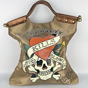 Ed Hardy Bag Tote Gold Bronze Metallic 15"x13"